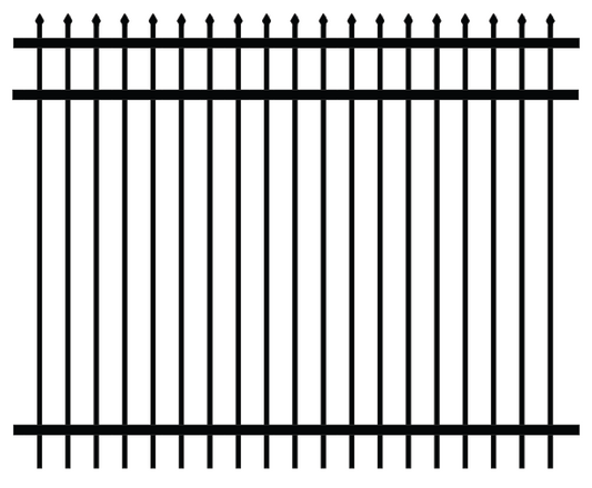 2D drawing of an ornamental fence panel with pressed spear type top finishing on the vertical pickets and three horizontal rails