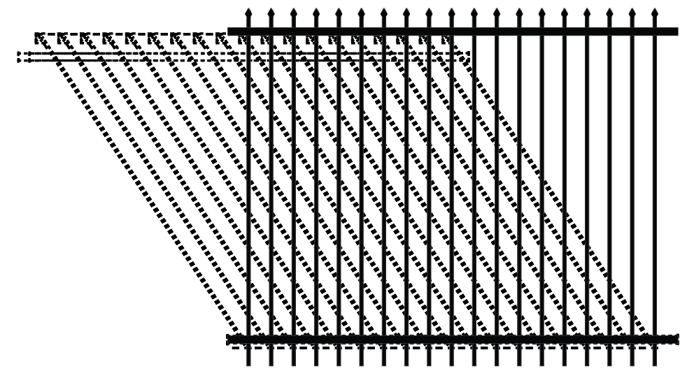 2D drawing of an ornamental fence panel with pressed spear type top finishing with rackable adjustment for slopes