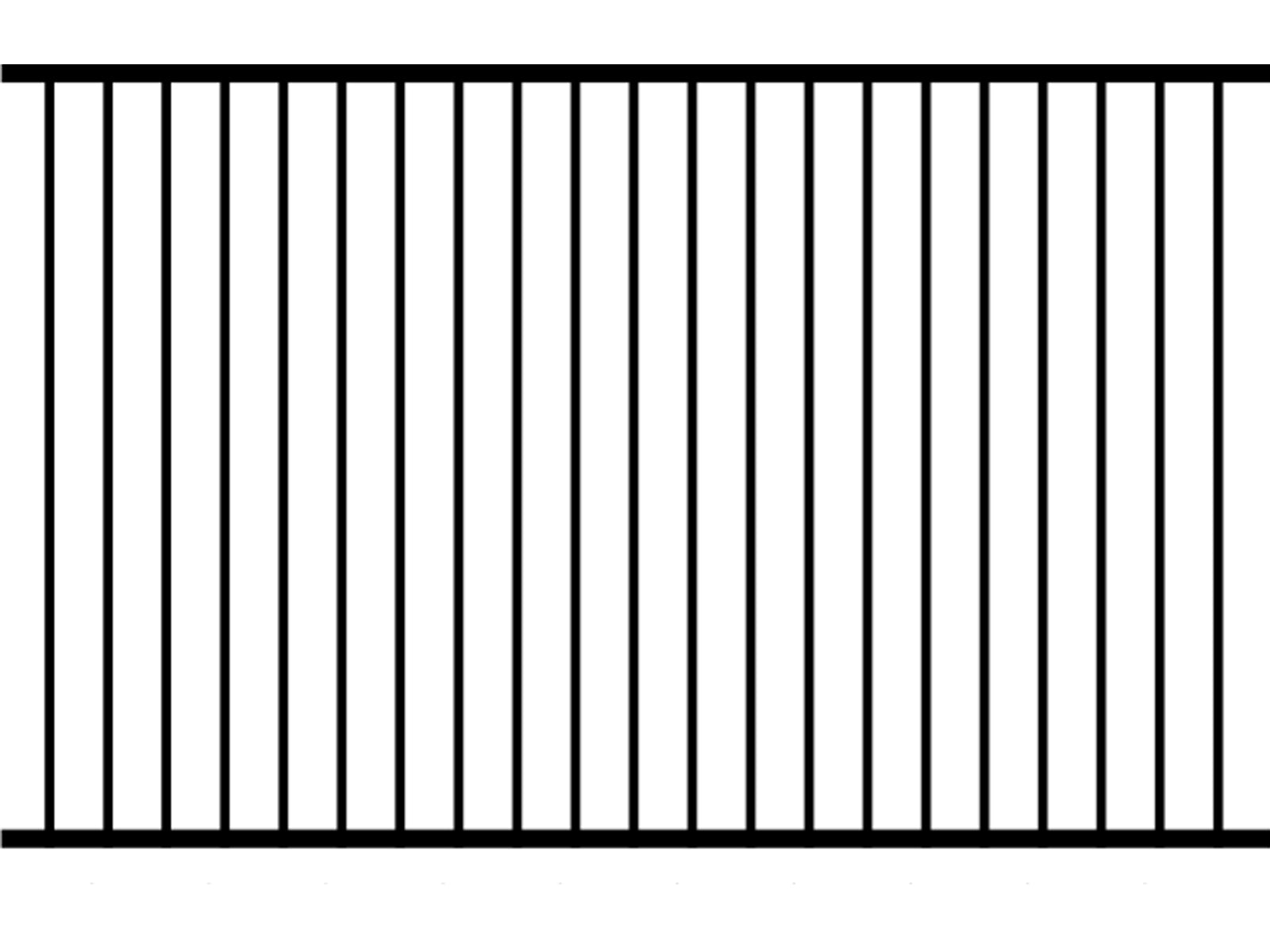 A black ornamental iron fence panel with a grid pattern of vertical and horizontal pickets and horizontal rails.