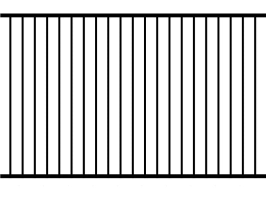 A black ornamental iron fence panel with a grid pattern of vertical and horizontal pickets and horizontal rails.