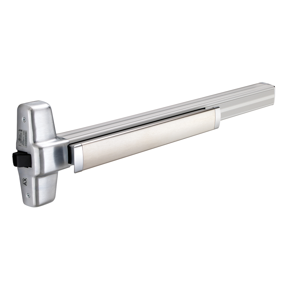A silver-colored Von Duprin 99 Series push bar exit device with a grooved mechanism case.