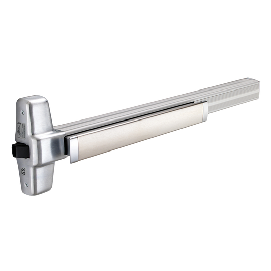 A silver-colored Von Duprin 99 Series push bar exit device with a grooved mechanism case.