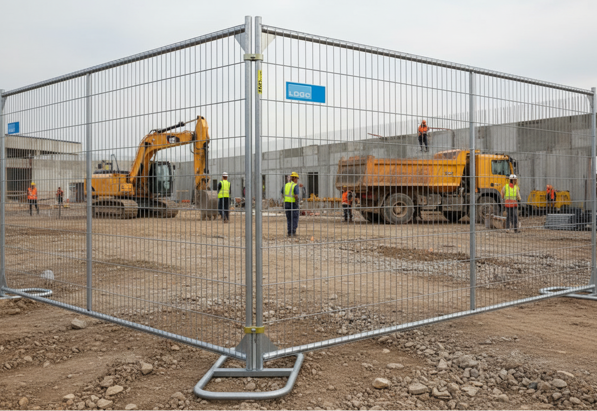 Galvanized temporary fence panels around a construction site with workers, an excavator, and a dump truck in the background.