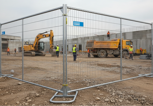 Galvanized temporary fence panels around a construction site with workers, an excavator, and a dump truck in the background.