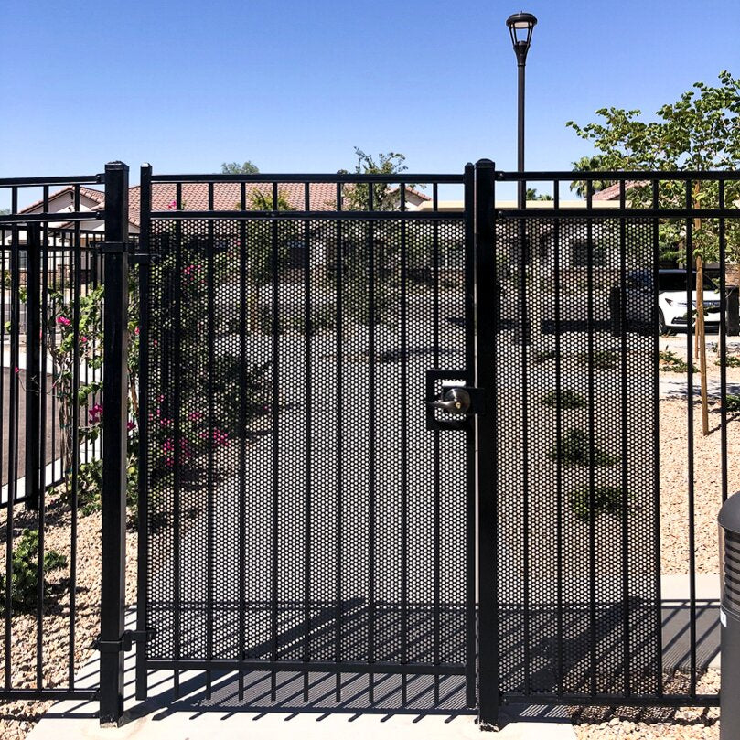 Ornamental gate with security mesh added and flat top extruded bottom