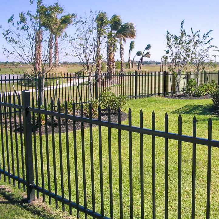 Pressed spear extruded bottom two rail fencing surrounding a backyard with palm tree trees in the distance