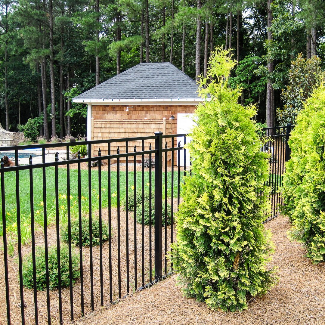 Flat top flat bottom, three rail fencing with alternating inset press spear tips in front of a pool