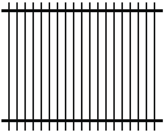 2D drawing of an ornamental fence panel with extruded top and bottom finishing on the vertical pickets and two horizontal rails