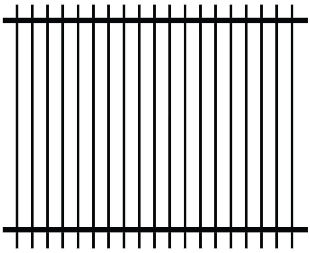 2D drawing of an ornamental fence panel with extruded type top finishing on the vertical pickets and two horizontal rails