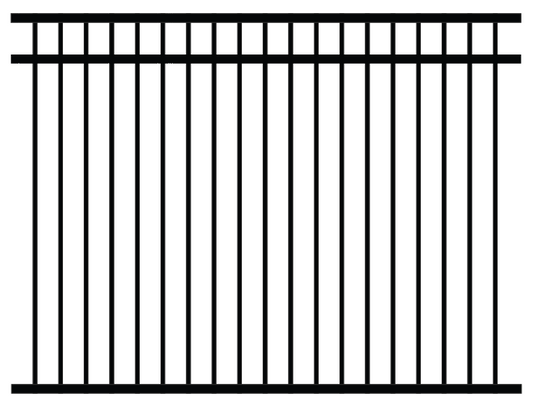 2D drawing of an ornamental fence panel with flat top and bottom finishing and three horizontal rails