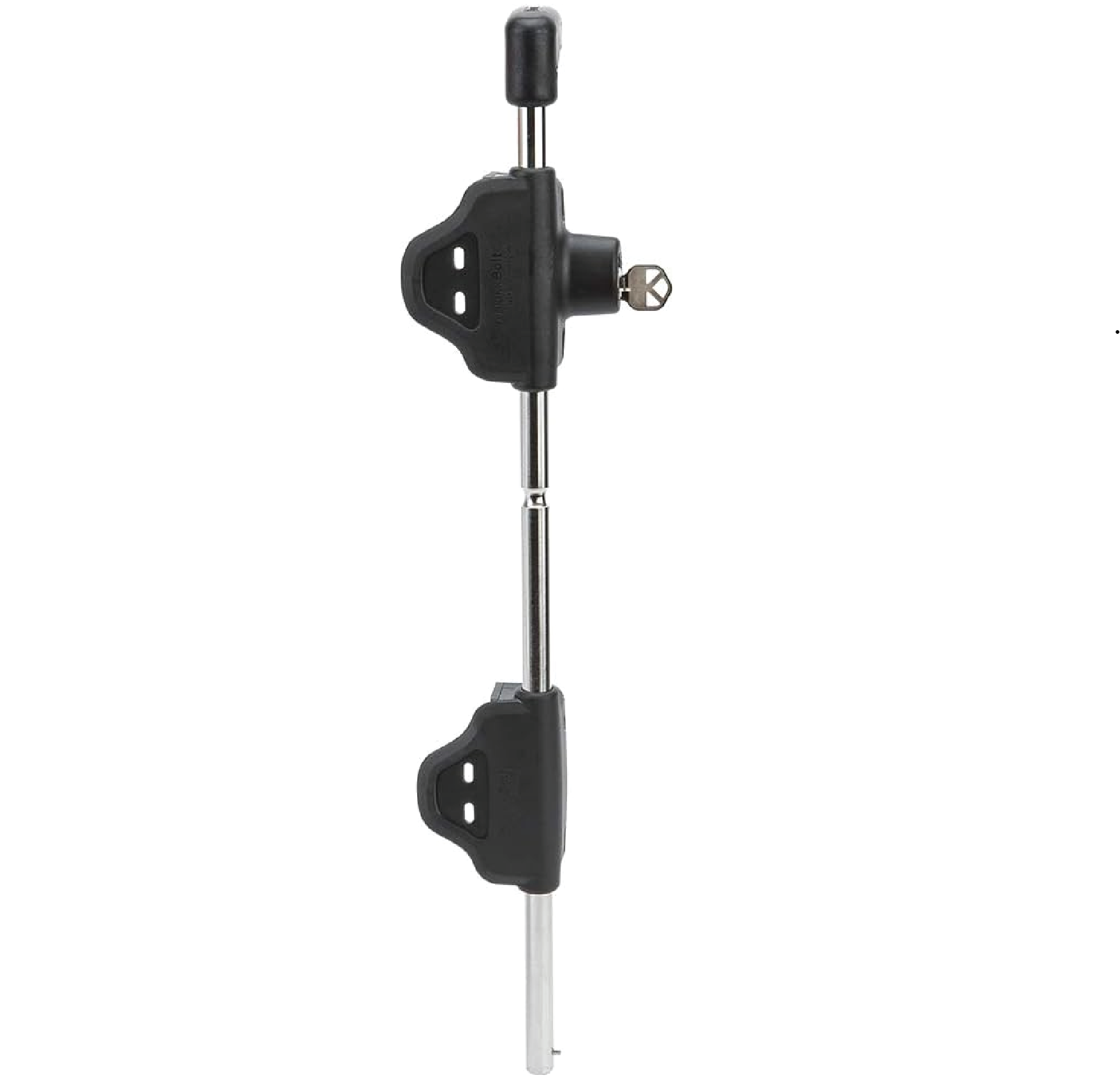 An 18-inch lockable cane bolt for square frame gates, featuring a stainless steel shaft and a black plastic housing with a key lock mechanism.