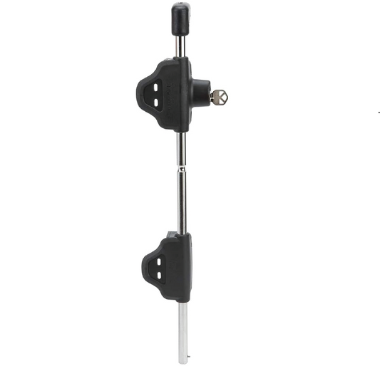 An 18-inch lockable cane bolt for square frame gates, featuring a stainless steel shaft and a black plastic housing with a key lock mechanism.