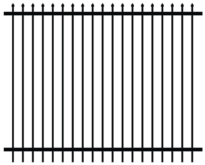 2D drawing of an ornamental fence panel with pressed spear type top finishing on the vertical pickets and two horizontal rails