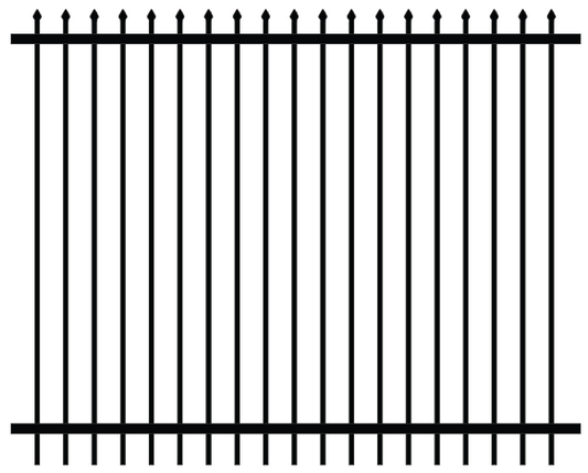 2D drawing of an ornamental fence panel with pressed spear type top finishing on the vertical pickets and two horizontal rails