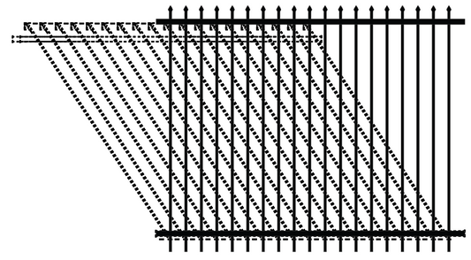 2D drawing of an ornamental fence panel with pressed spear type top finishing and rackable adjustment for slopes