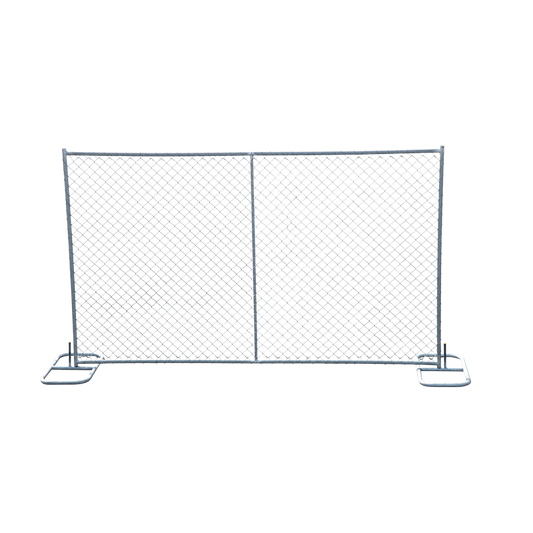 A portable galvanized chain link fence panel with a silver color, designed for temporary use in various outdoor settings.