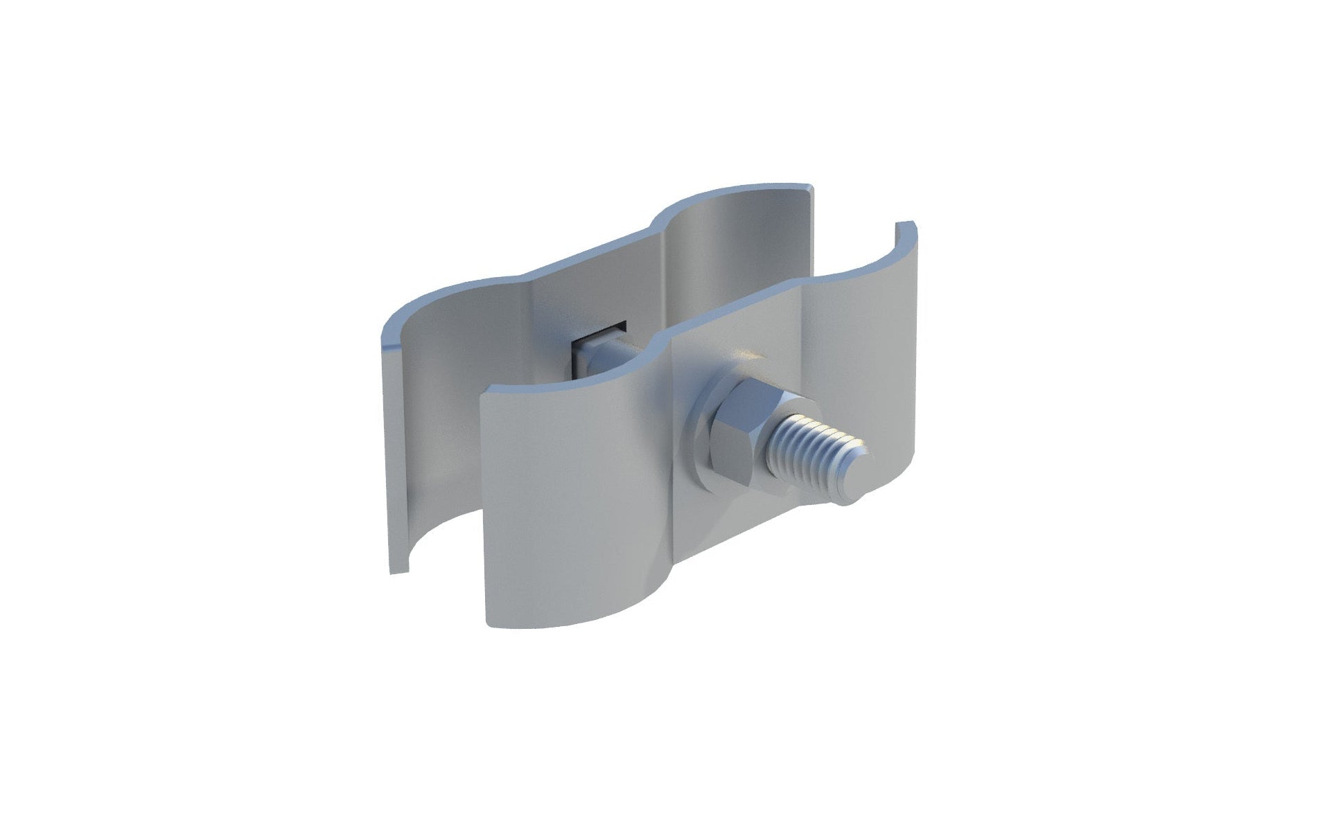 A 3D rendered view of a silver metal clamp bracket with a threaded bolt and nut, shown on a plain white background.
